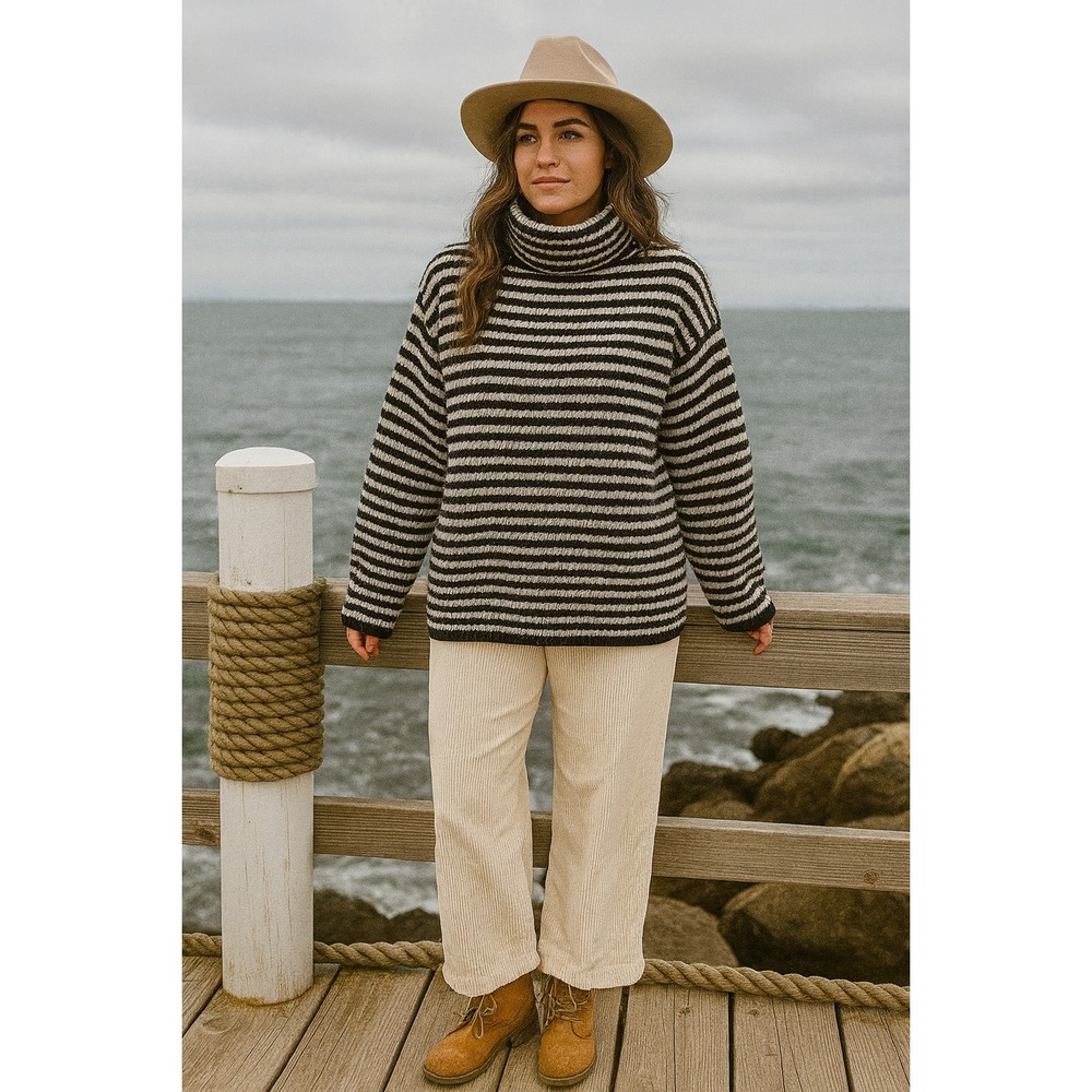 Nautical Boho Fisherman Cozy Oversized Black White Stripe Turtleneck M Sweater
